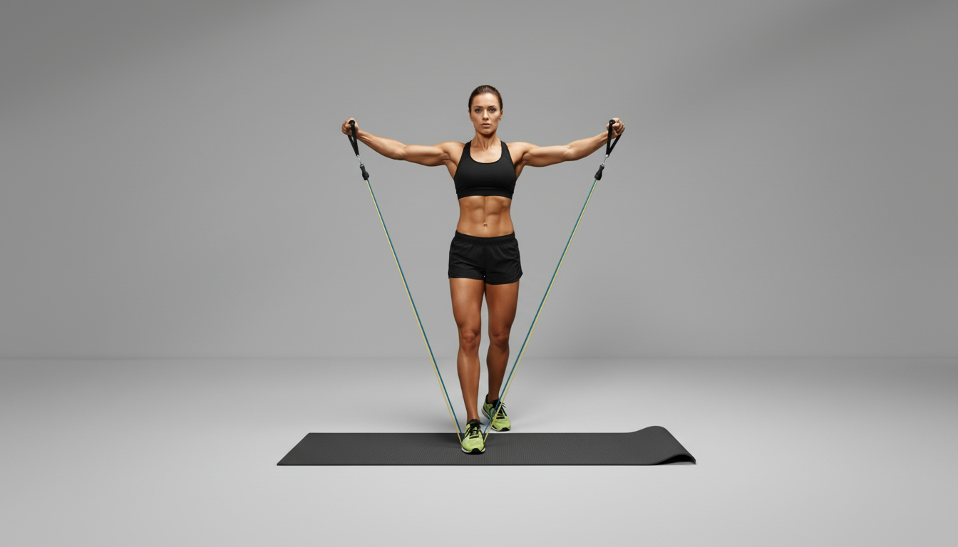 Woman exercising with resistance bands on a gray background