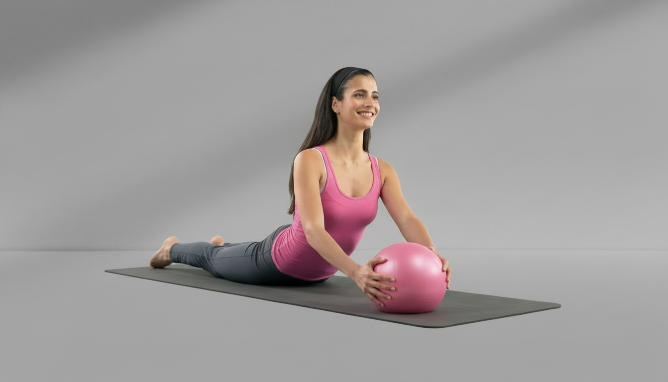 Woman in pink ball and gray leggings performing a yoga pose with a pink ball on a gray background
