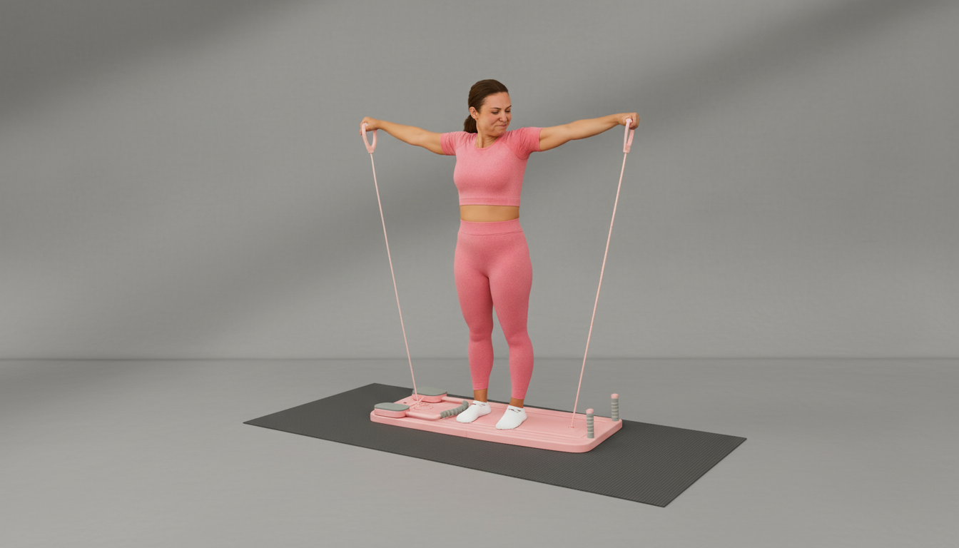 Woman in pink workout attire using Pilates Board – Timer & Kneeling Pad on a gray background