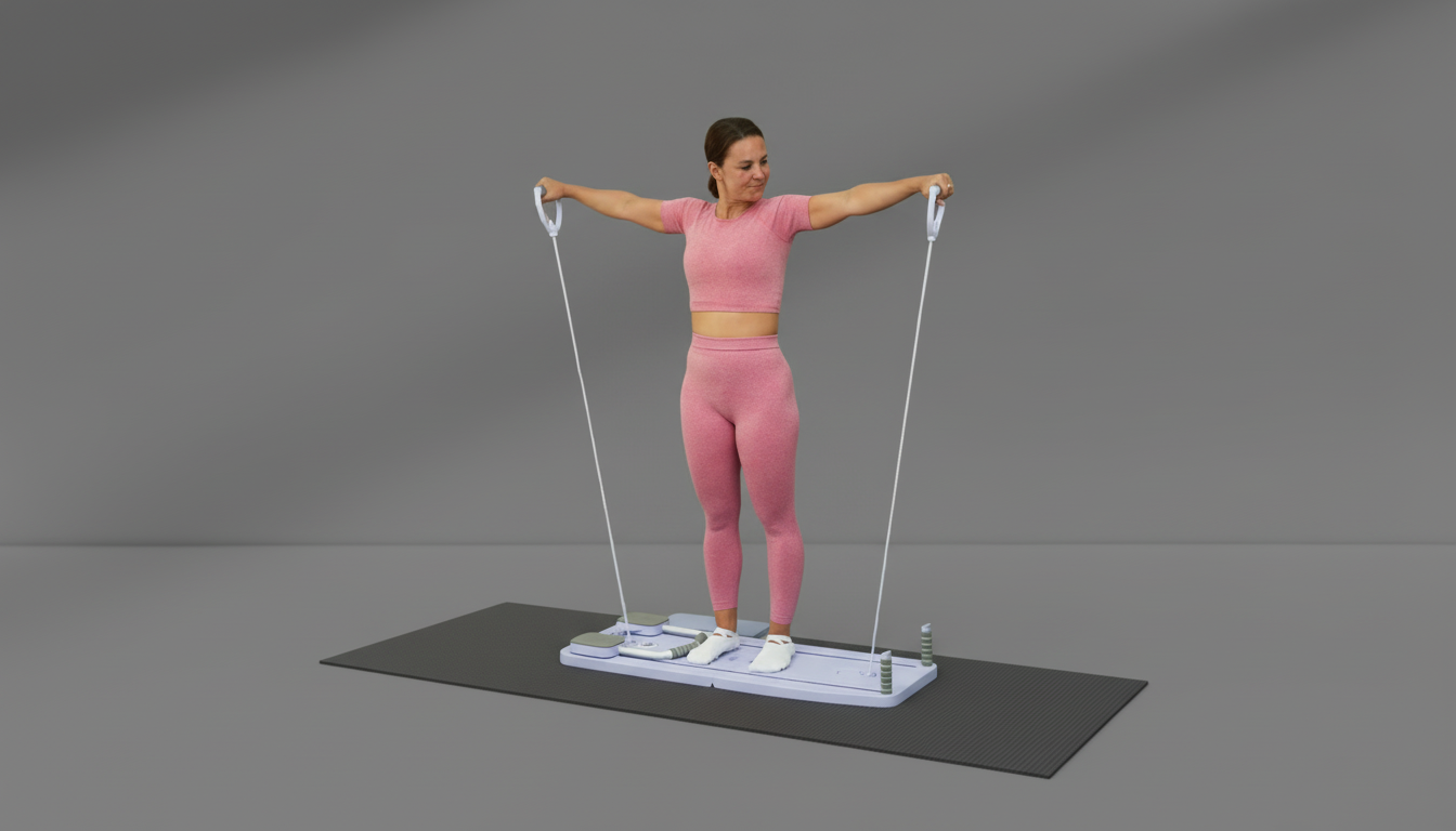 Woman in pink workout attire using purple Pilates Board – Timer & Kneeling Pad on a gray background