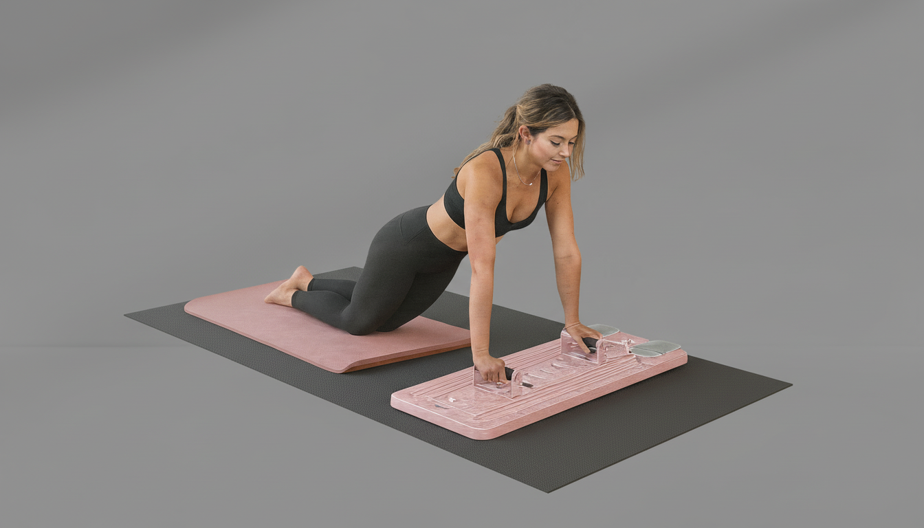 Woman on a pink Pilates Board –  Resistance Ropes (Front & Back) with a gray background