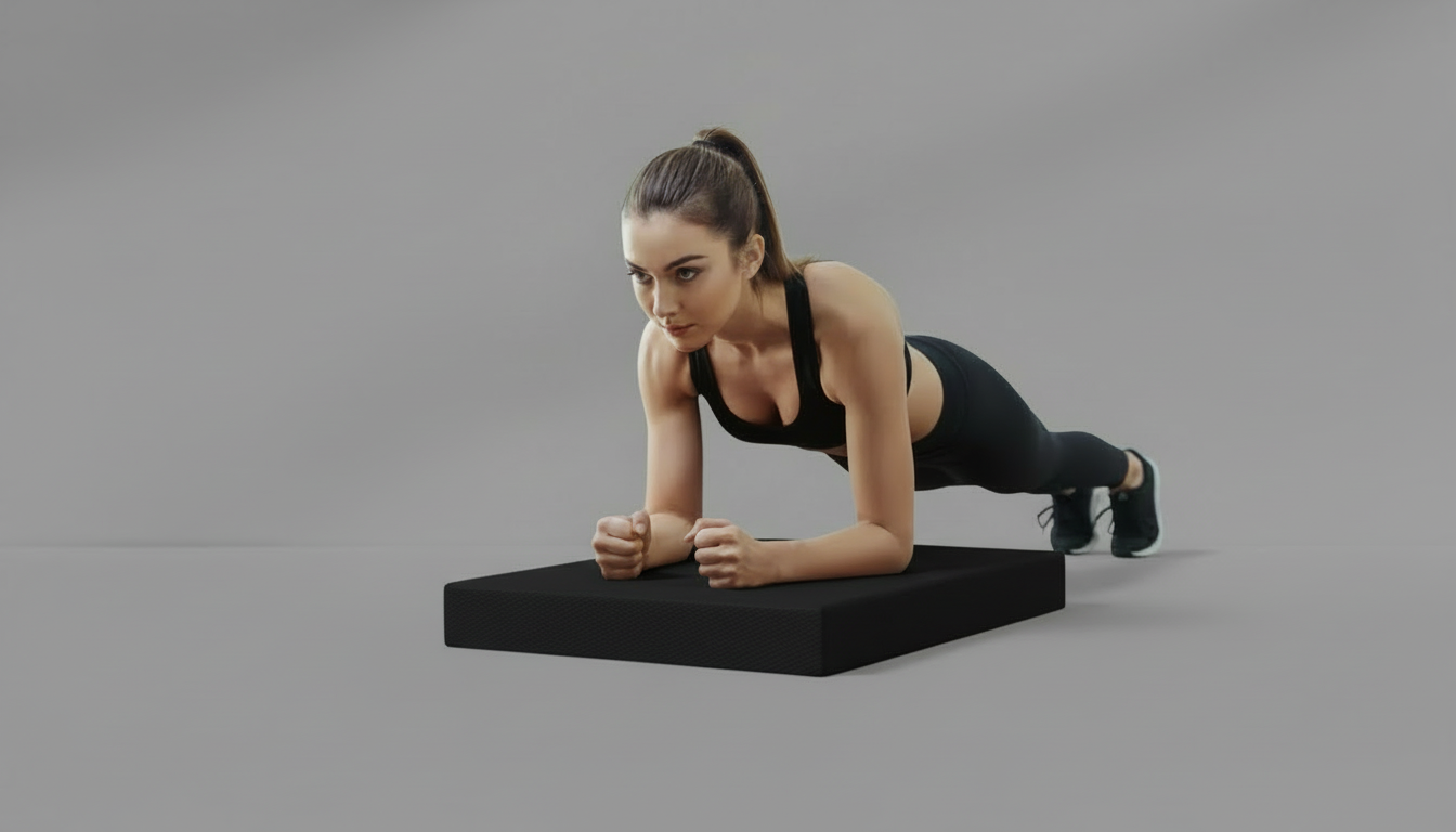Woman performing a Yoga Balance Pad – 5cm Thick TPE on a black exercise board against a gray background