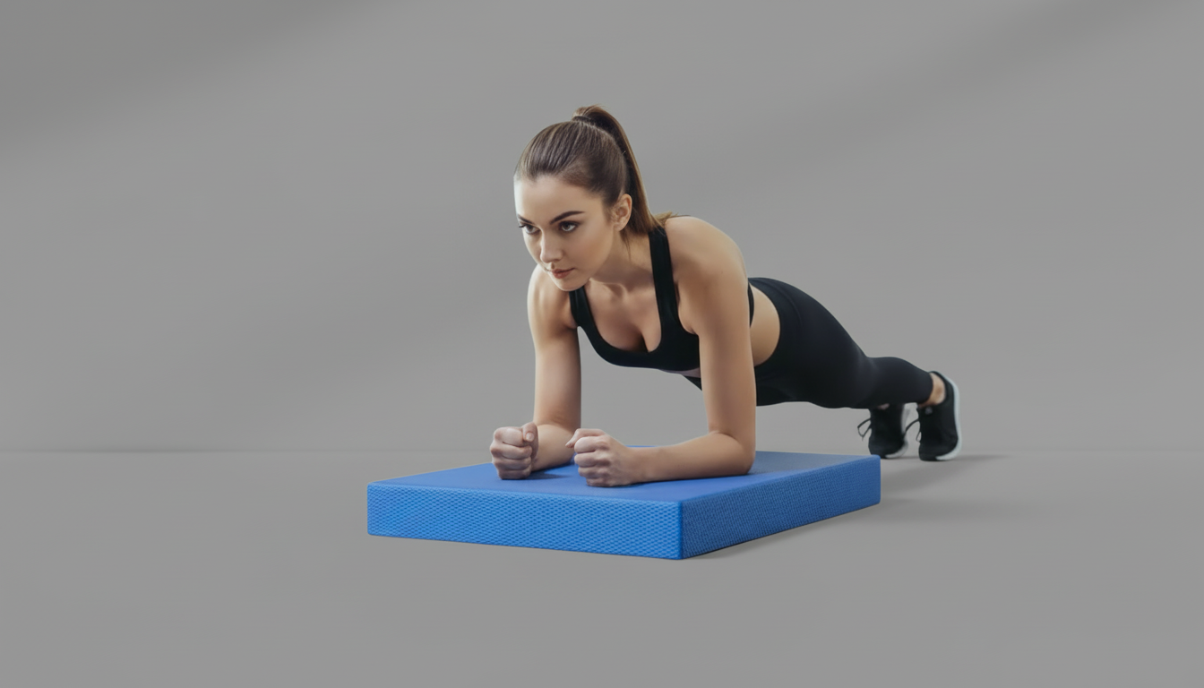 Woman performing a Yoga Balance Pad – 5cm Thick TPE on a blue exercise board with a gray background