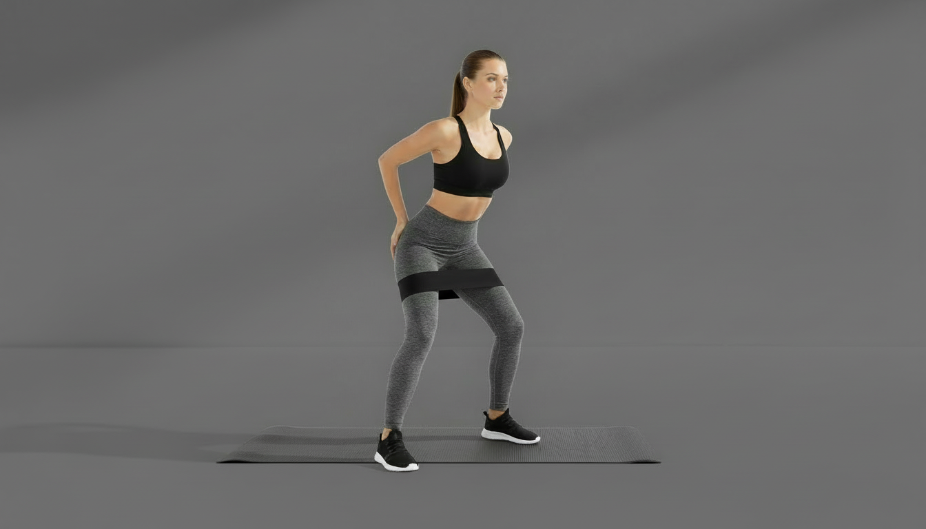 Woman performing a lunge black resistance band on a gray background