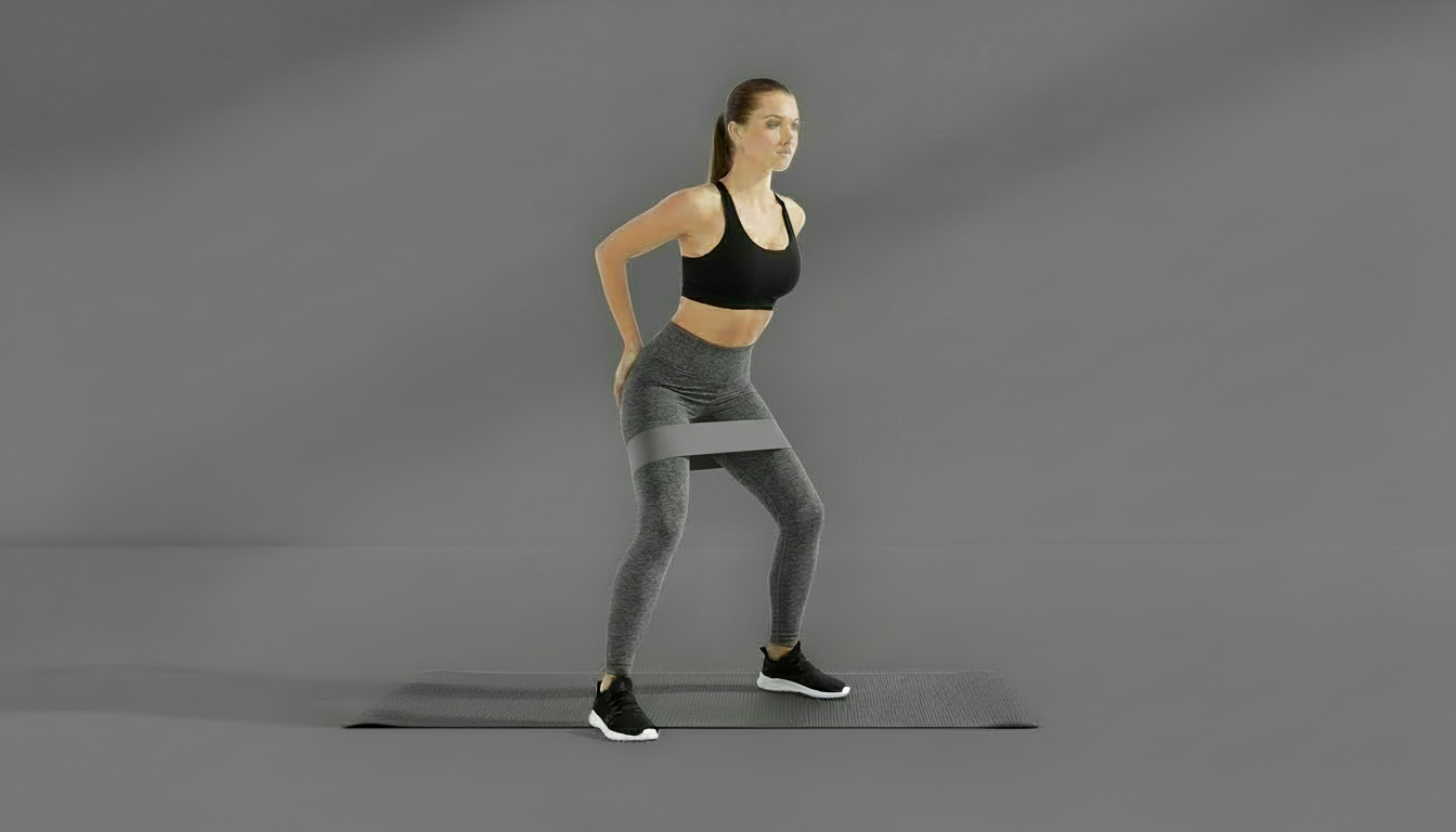 Woman performing a lunge with a grey resistance bands on a gray background