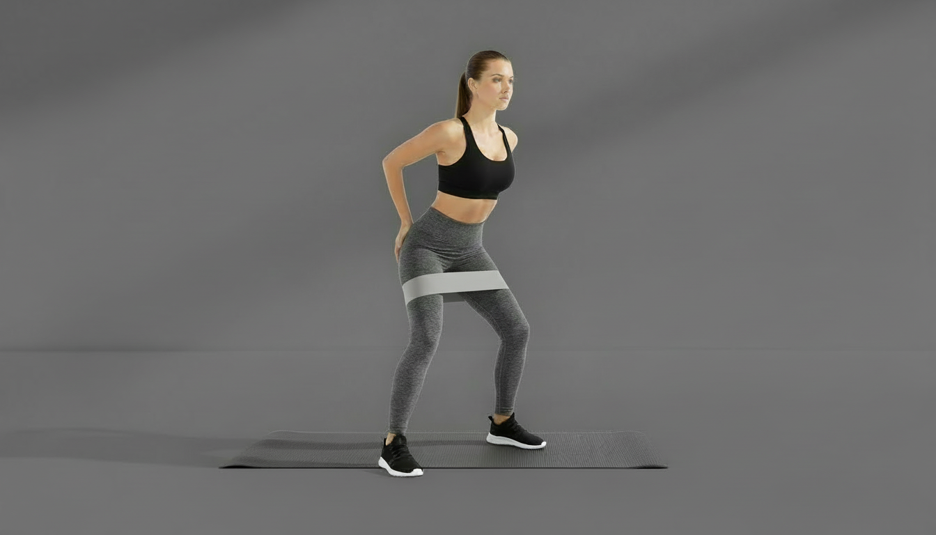 Woman performing a lunge with a light grey resistance band on a gray background