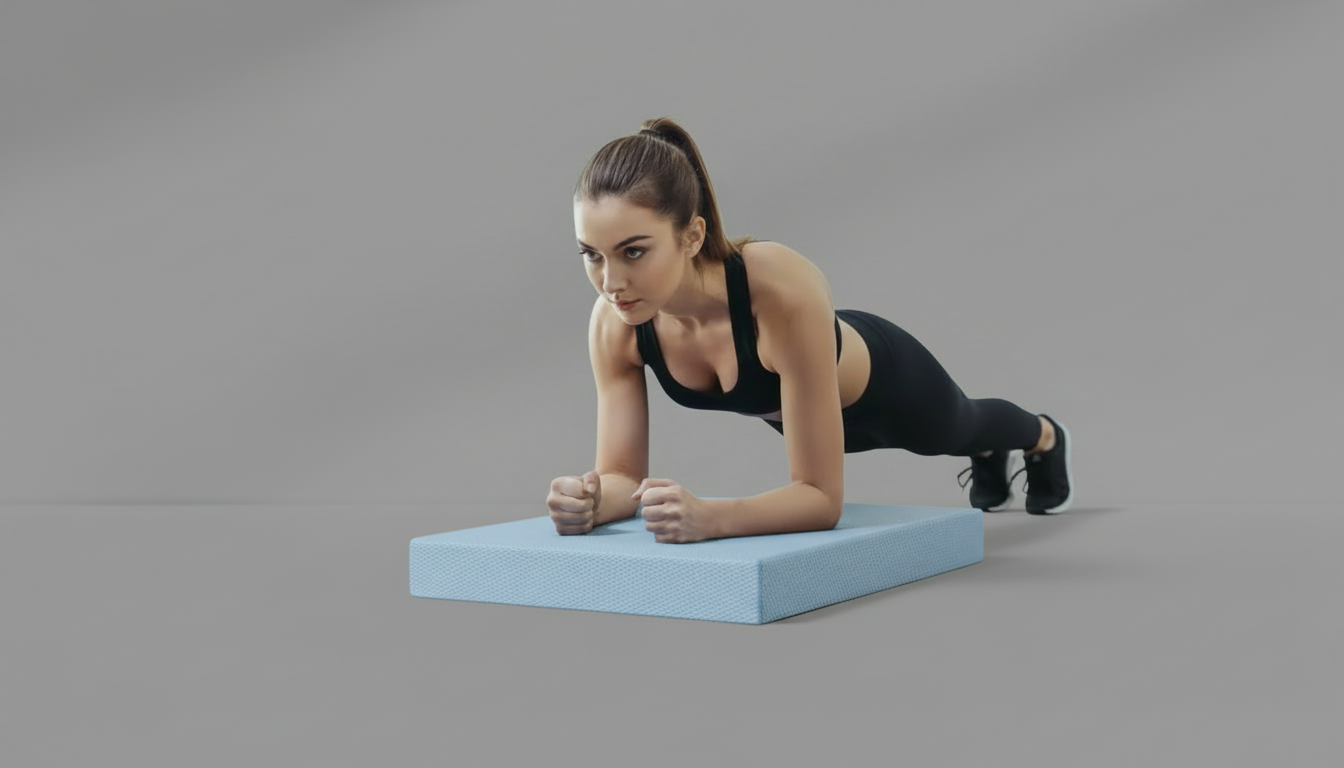 Woman performing a plank on a blue Yoga Balance Pad – 5cm Thick TPE against a gray background