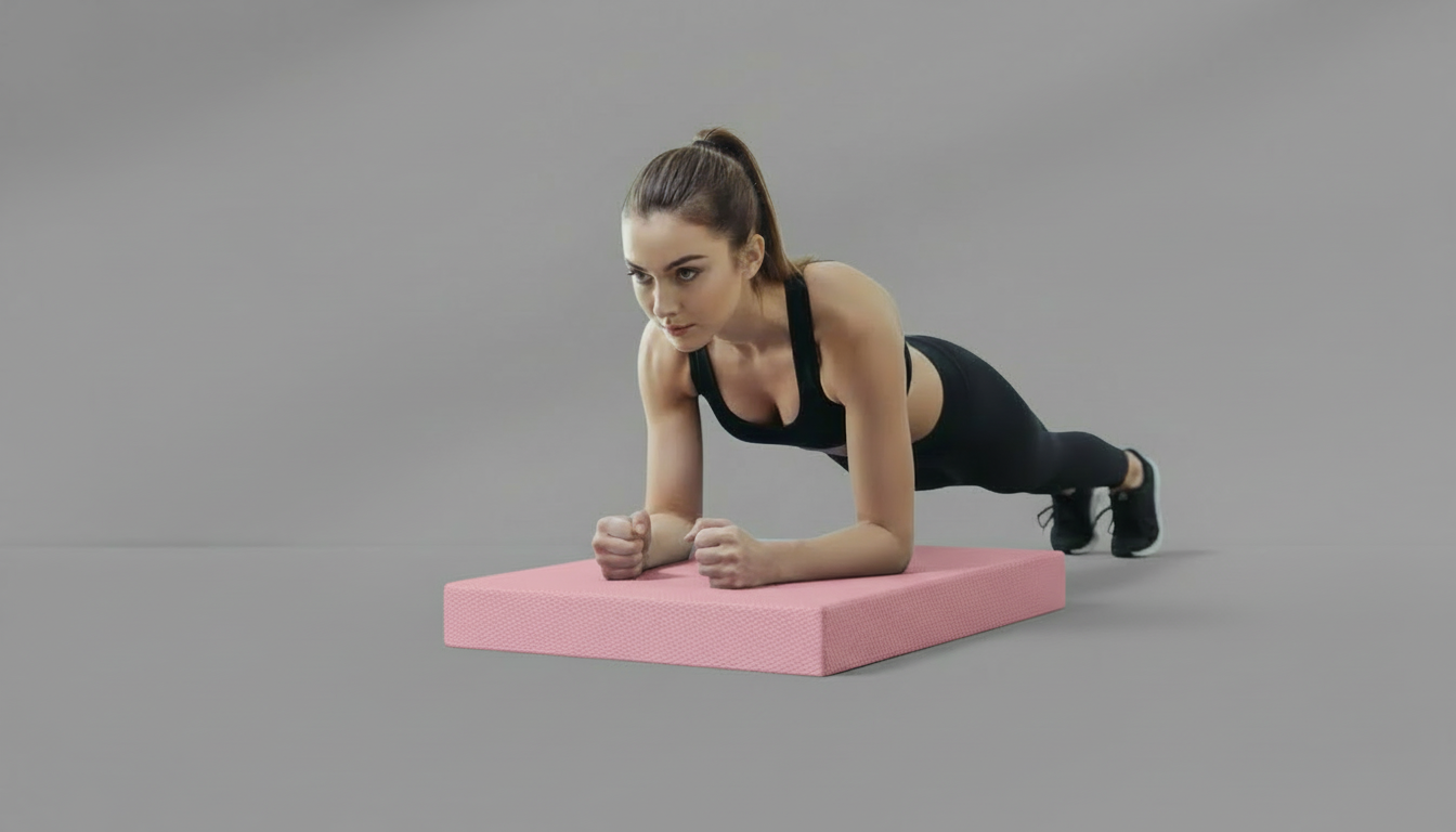 Woman performing a plank on a pink Yoga Balance Pad – 5cm Thick TPE against a gray background