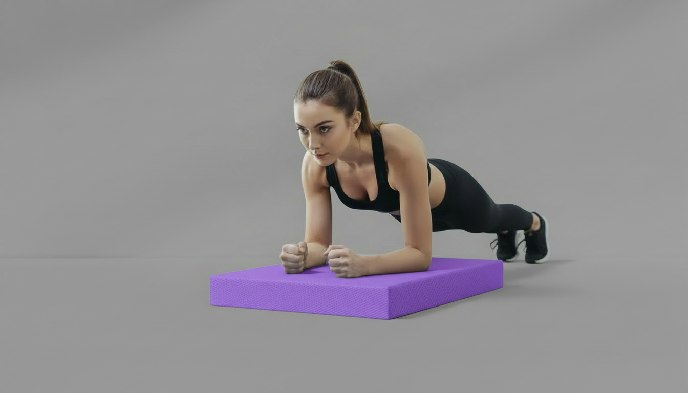 Woman performing a plank on a purple Yoga Balance Pad – 5cm Thick TPE against a gray background