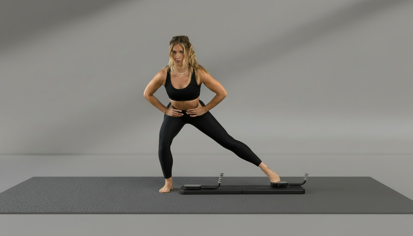 Woman performing a yoga pose with Pilates Board – 4-in-1 with Phone Holder & Counter on a gray mat with a gray background
