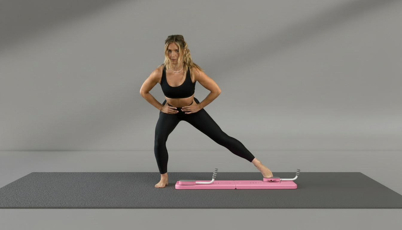 Woman performing a yoga pose with a pink Pilates Board – 4-in-1 with Phone Holder & Counter on a  mat with a gray background