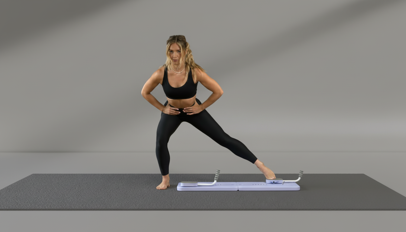 Woman performing a yoga pose with a purple Pilates Board – 4-in-1 with Phone Holder & Counter  on a gray mat with a gray background