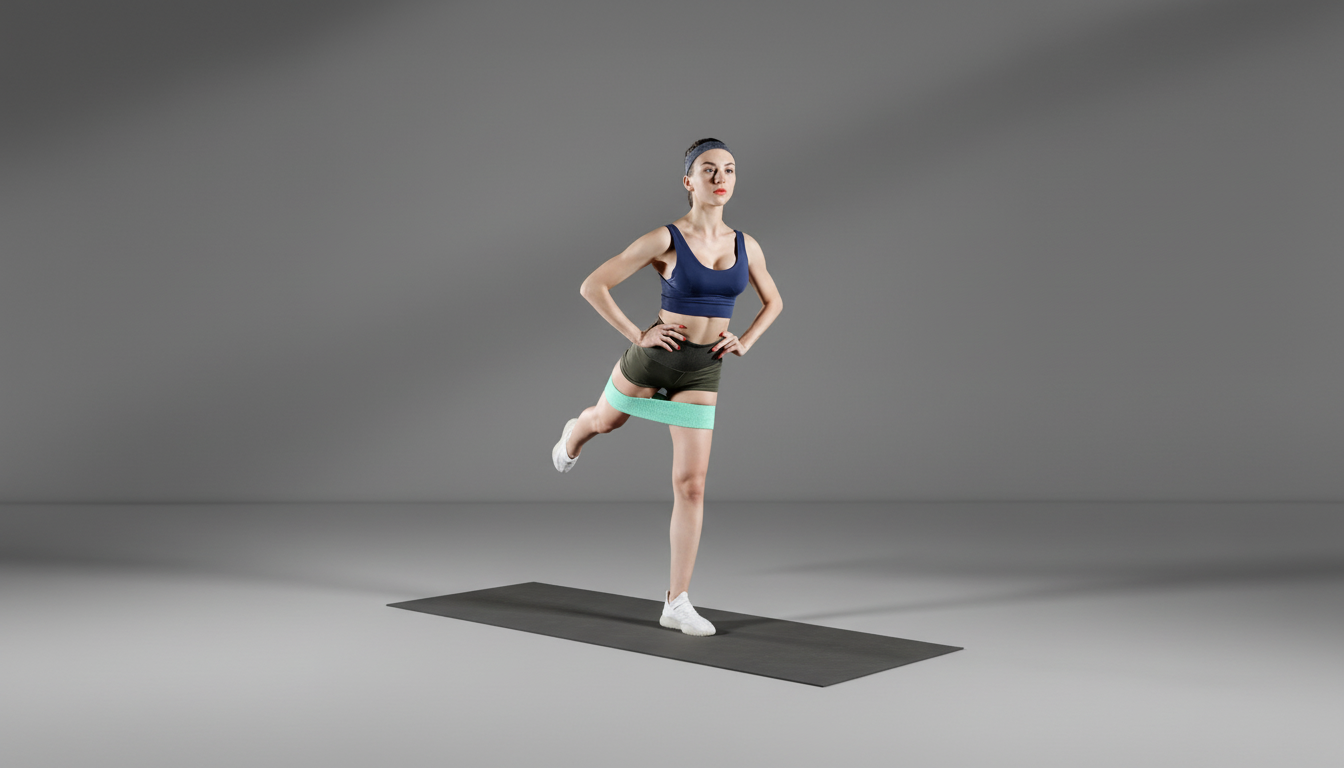 Woman performing a yoga pose with green resistance bands on a gray background
