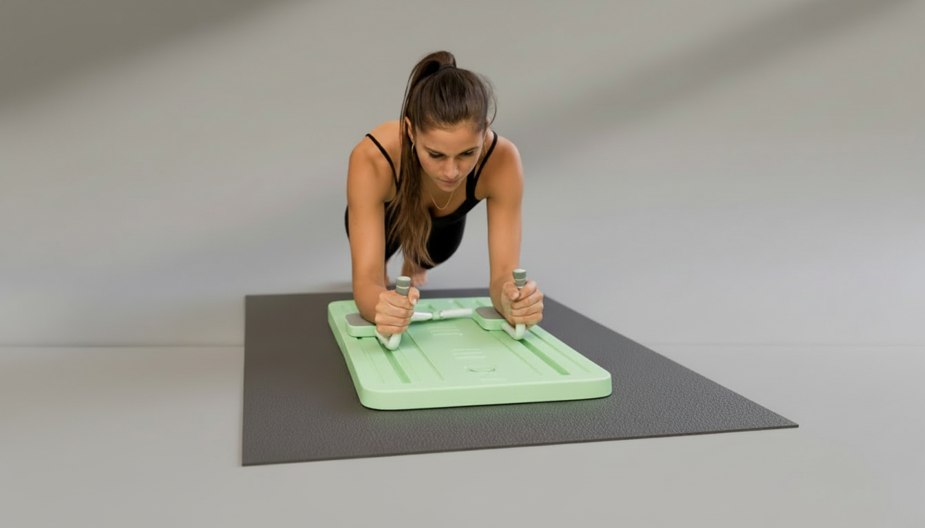 Woman performing push-ups on a green Pilates Board – Without Resistance Rope with a gray background