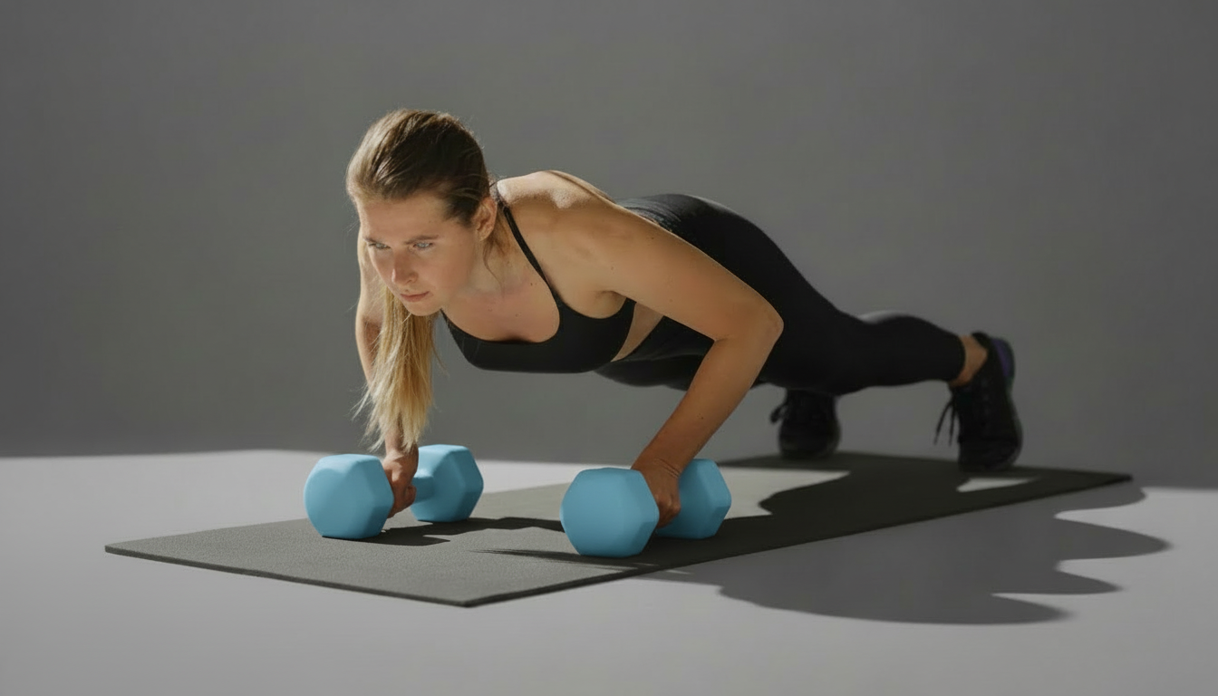 Woman performing push-ups with blue dumbbells on a gray background
