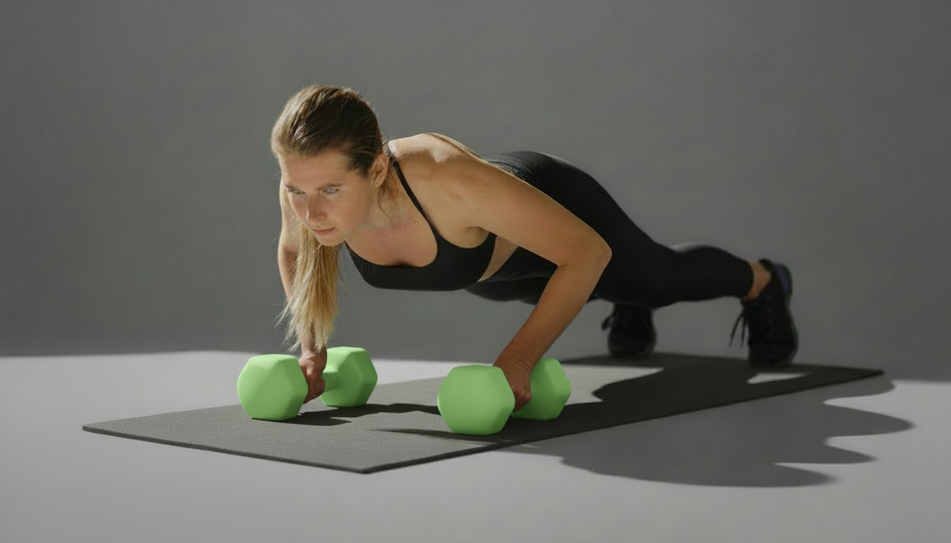 Woman performing push-ups with green dumbbells on a gray background