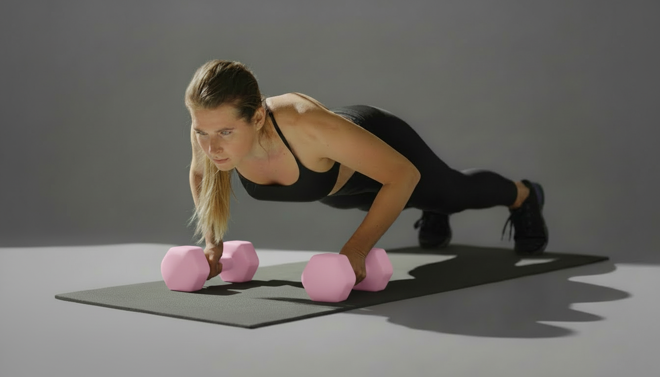 Woman performing push-ups with pink dumbbells on a gray background