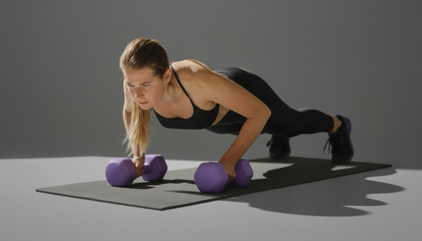 Woman performing push-ups with purple dumbbells on a gray background