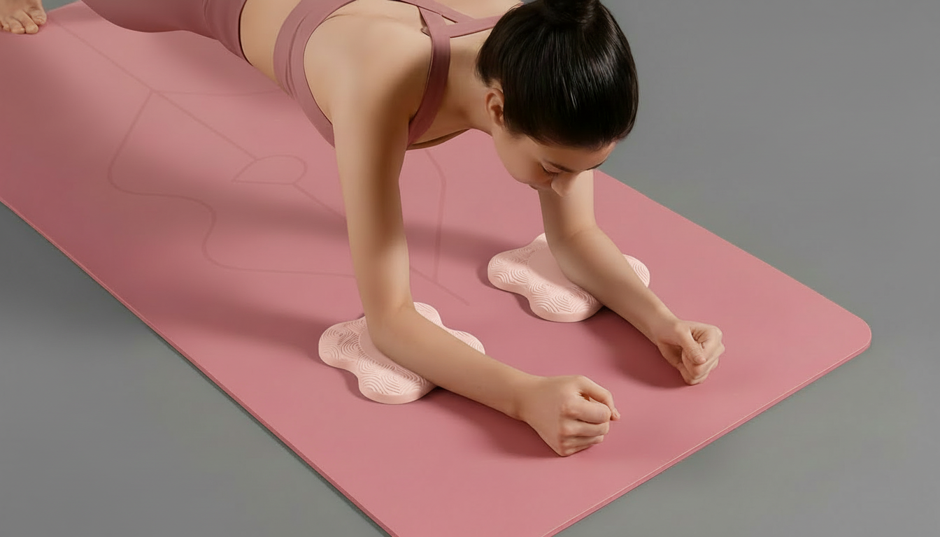 Woman practicing a forearm plank on a pink yoga mat using ergonomic pink elbow pads for support.