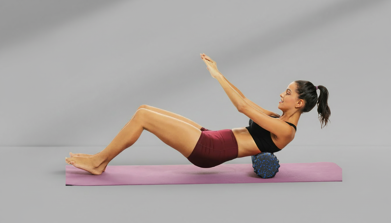 Woman using a black  foam roller with blue on a pink mat with a gray background