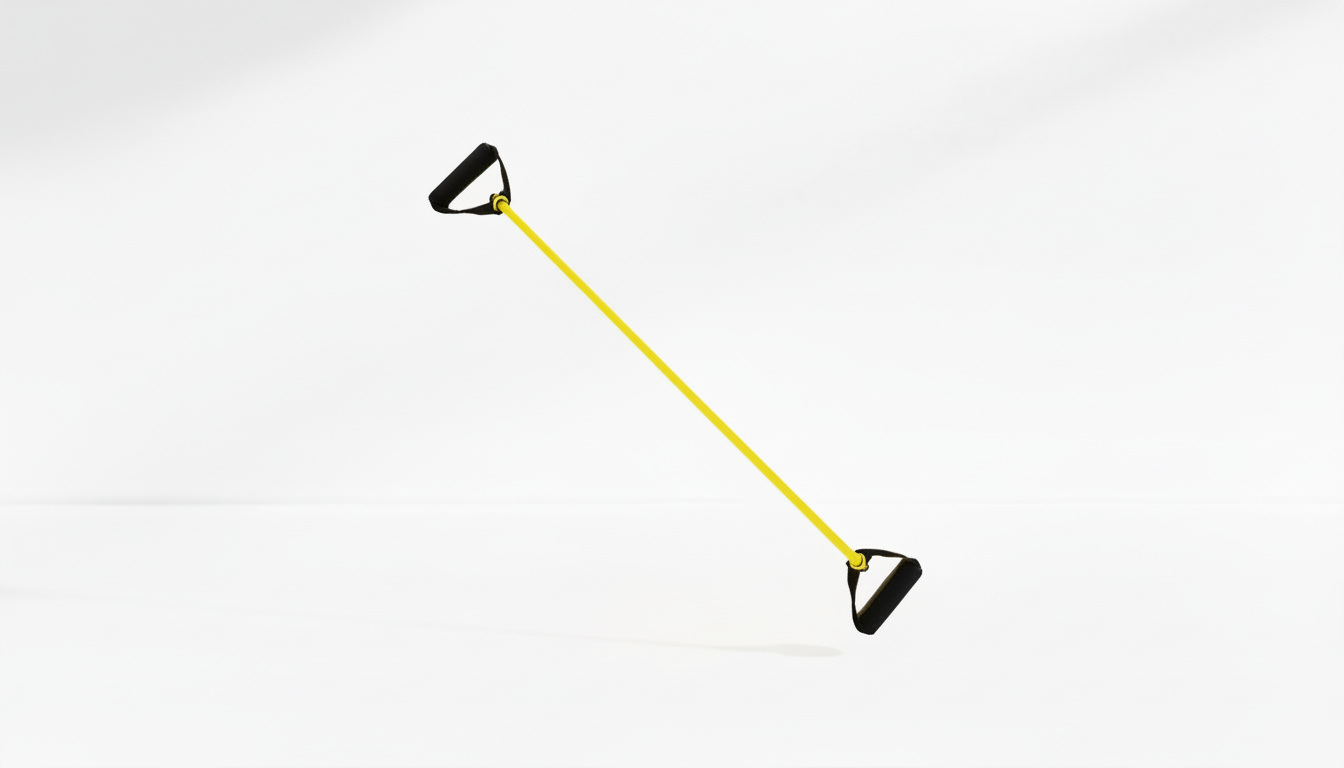Yellow resistance band with black handles on a white-grey background