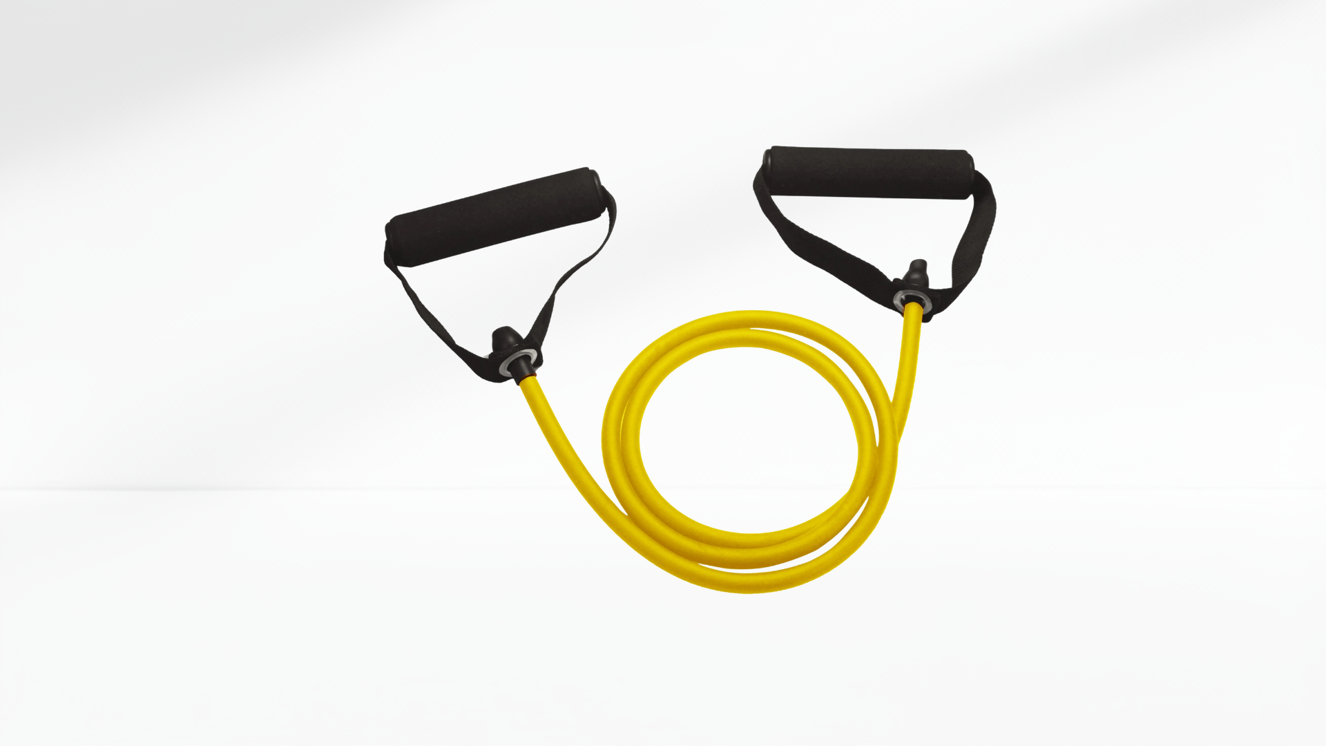 Yellow resistance band with black handles on a white background