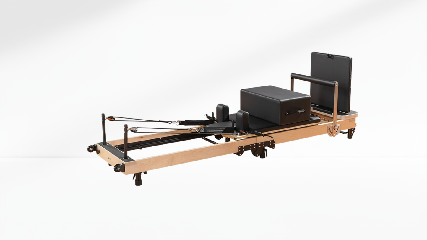 beige Pilates Reformer – Rebounder & 6-Level Resistance machine on a white background