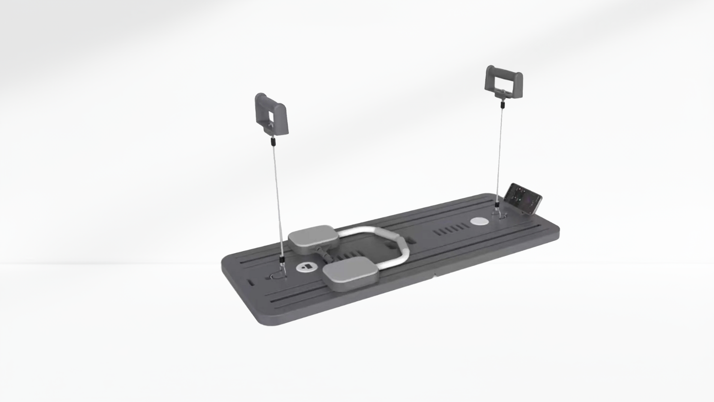 black Pilates Board – 4-in-1 with Phone Holder & Counter with multiple components on a white background