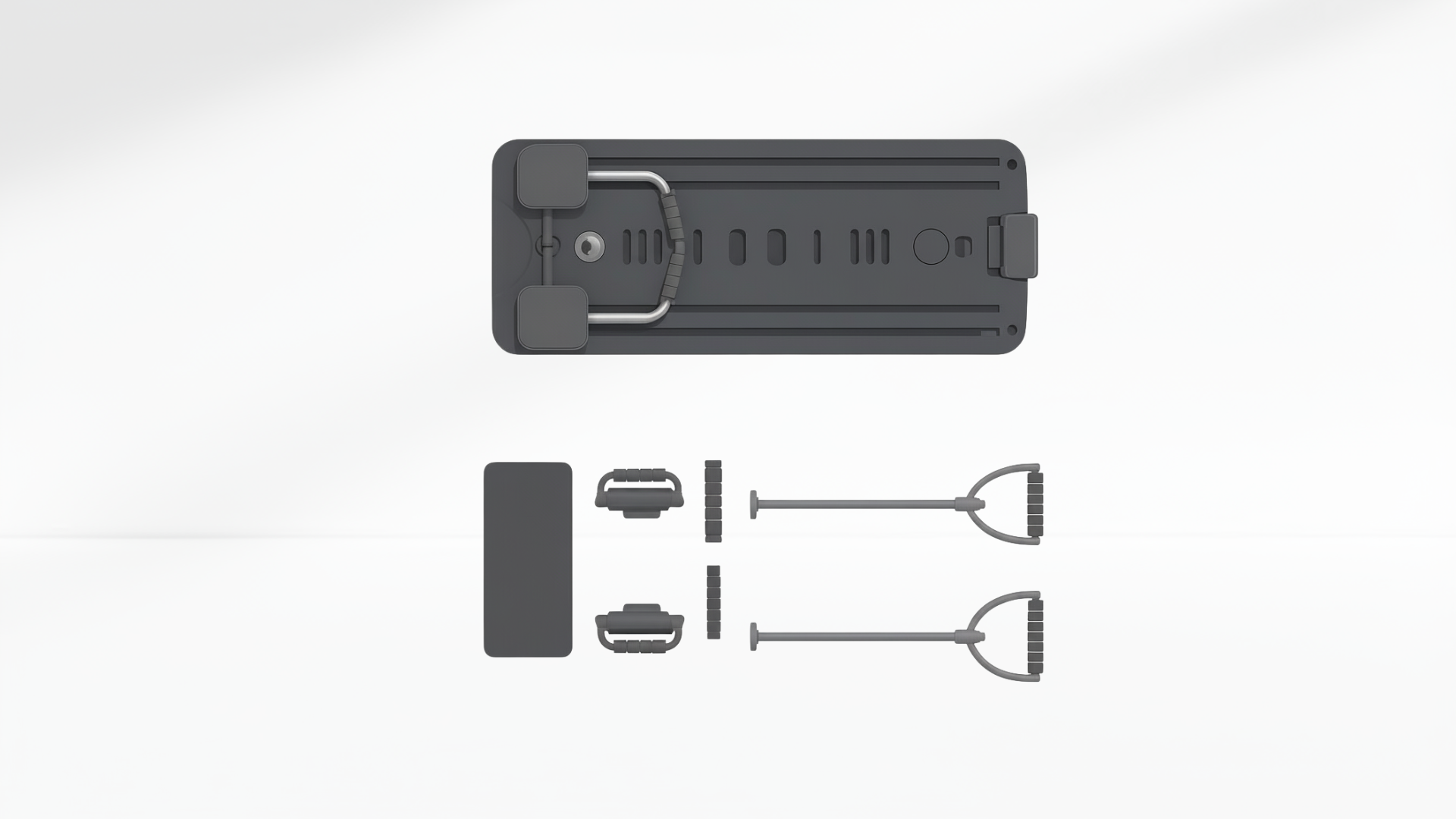 black  Pilates Board with Timer & Kneeling pad on a white background