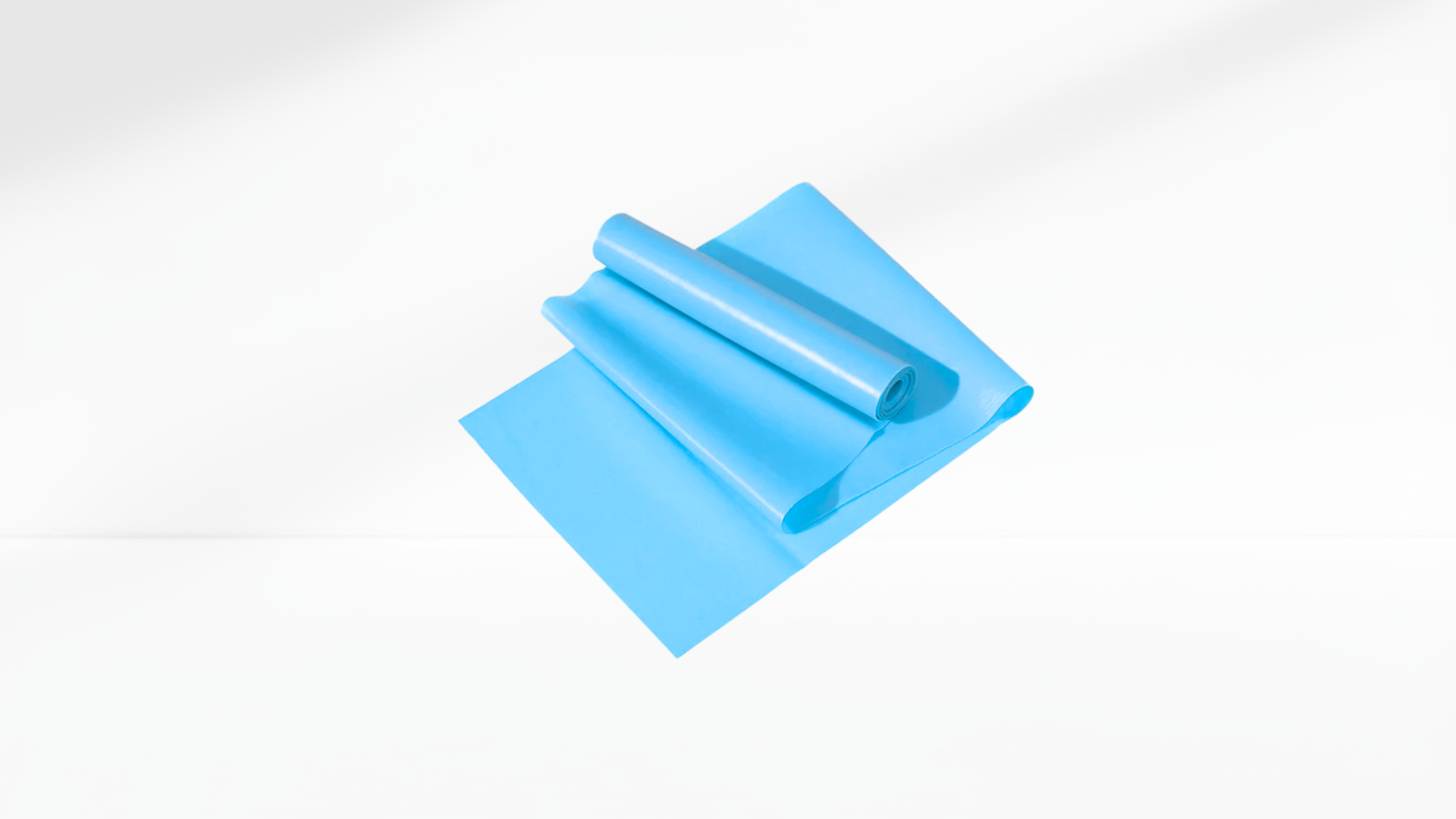 blue Yoga & Pilates Elastic Resistance Band roll on a white background