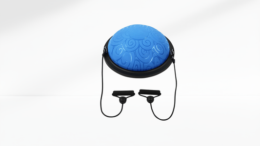 blue  trainer balance half ball with resistance bands and black handles on a white background.