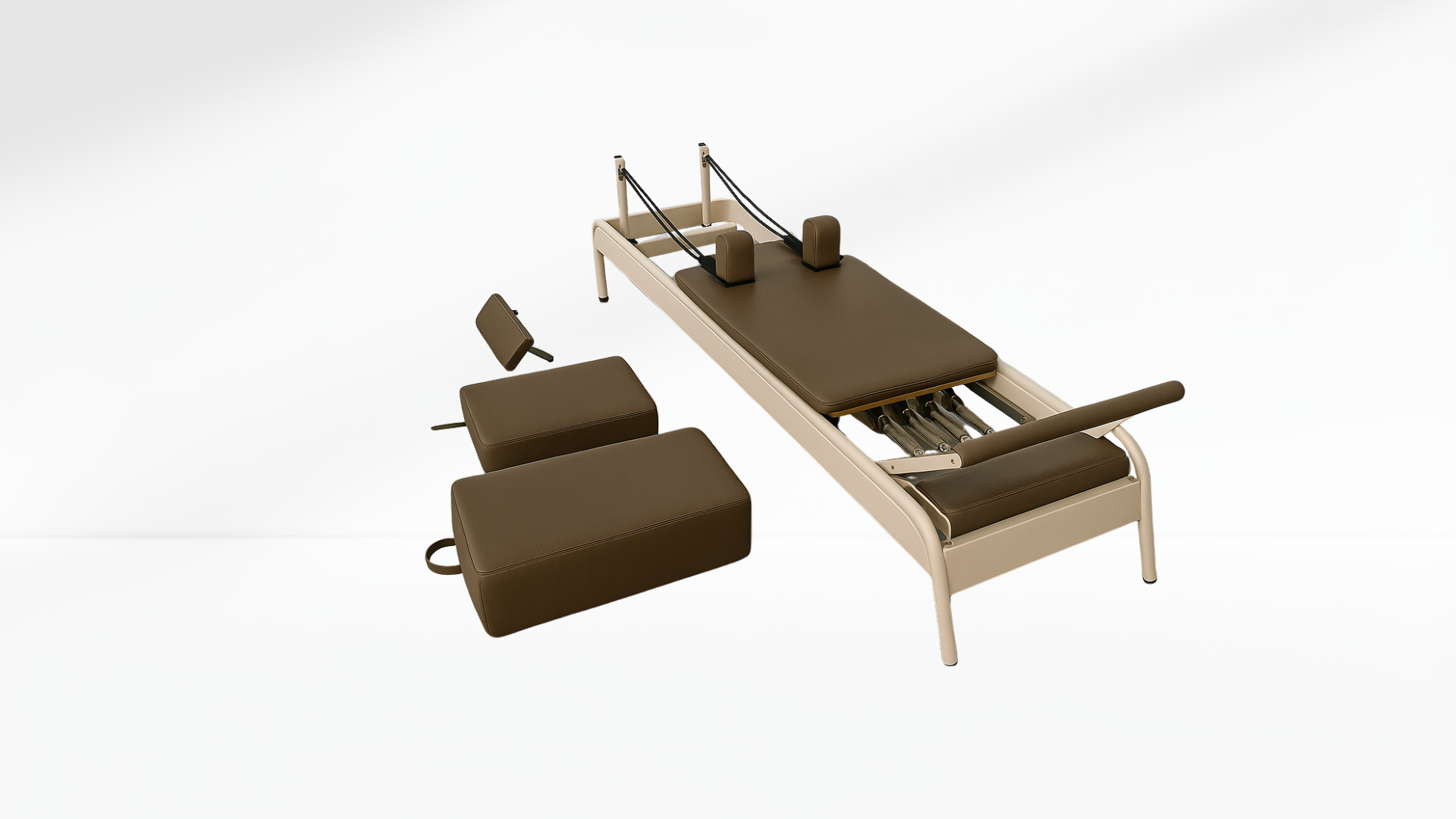 brown Pilates reformer machine with attachments on a white background
