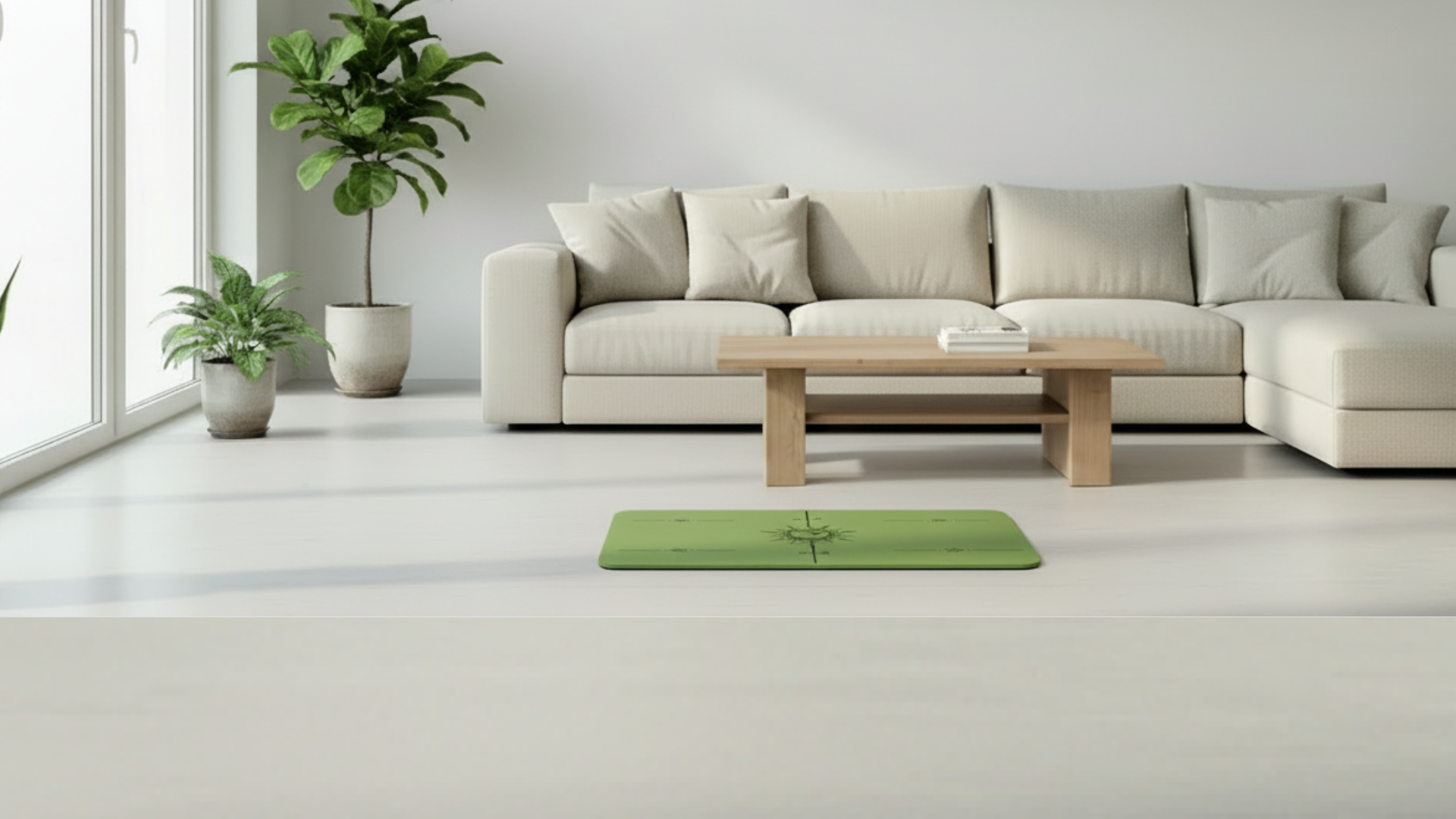 green flat support yoga mat placed in a modern living room setting on a light floor, minimalist aesthetic.