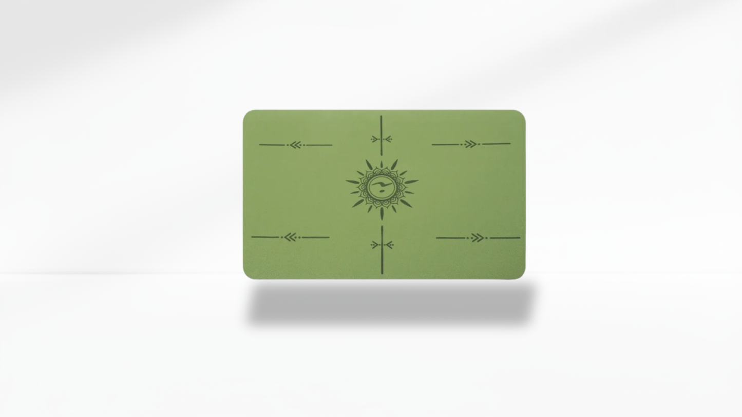 Front view of a green mini flat support yoga mat with alignment markers on a clean white background.