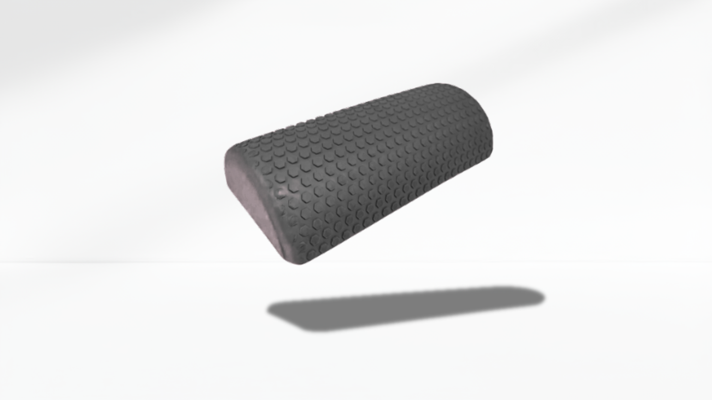 black textured half foam roller shown in an angled floating view with soft shadow, highlighting its curved shape and massage surface.