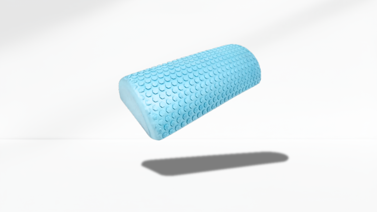 blue textured half foam roller shown in an angled floating view with soft shadow, highlighting its curved shape and massage surface.