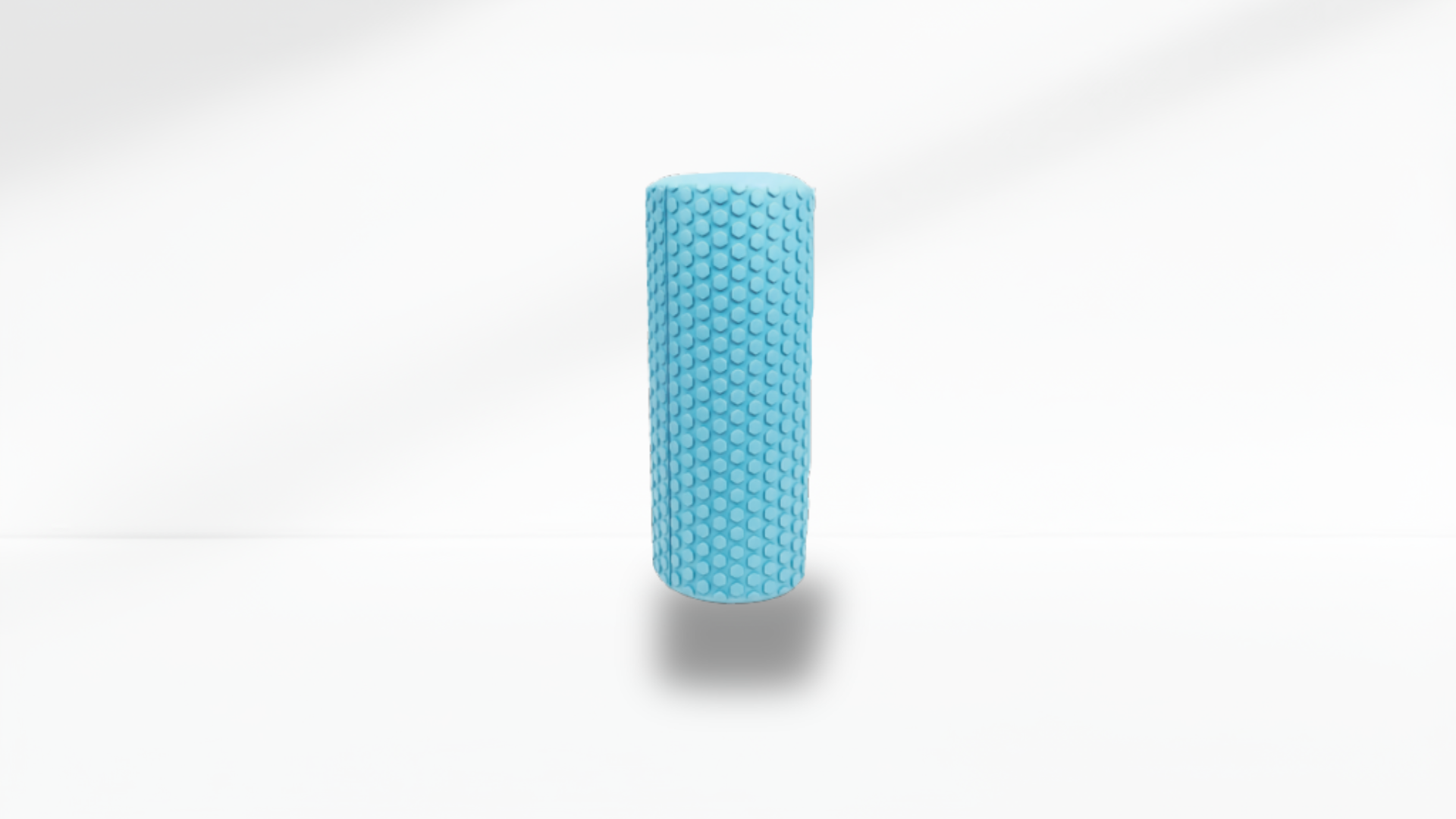 Front view of a blue textured half foam roller standing upright on a white background with soft shadow, showing the full massage texture.