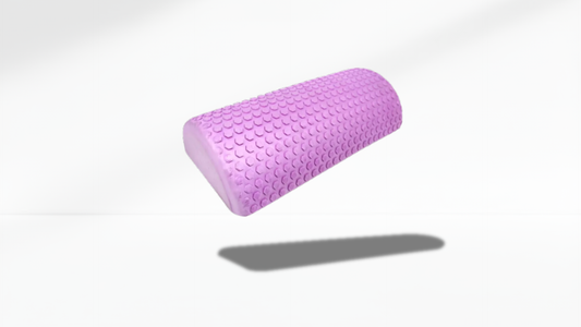 Purple textured half foam roller shown in an angled floating view with soft shadow, highlighting its curved shape and massage surface.