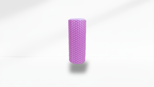 Front view of a purple textured half foam roller standing upright on a white background with soft shadow, showing the full massage texture.