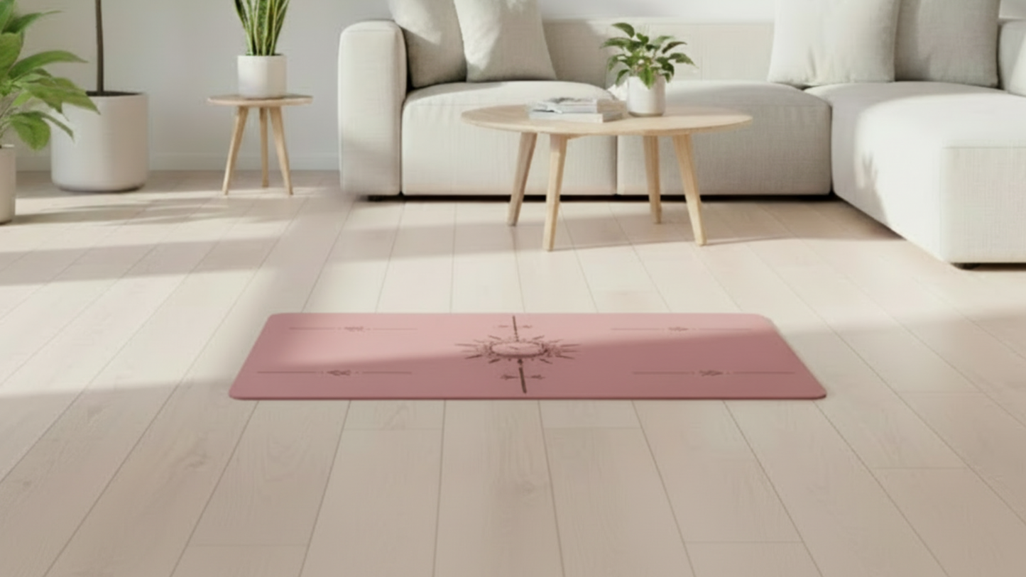 pink flat support yoga mat placed in a modern living room setting on a light floor, minimalist aesthetic.