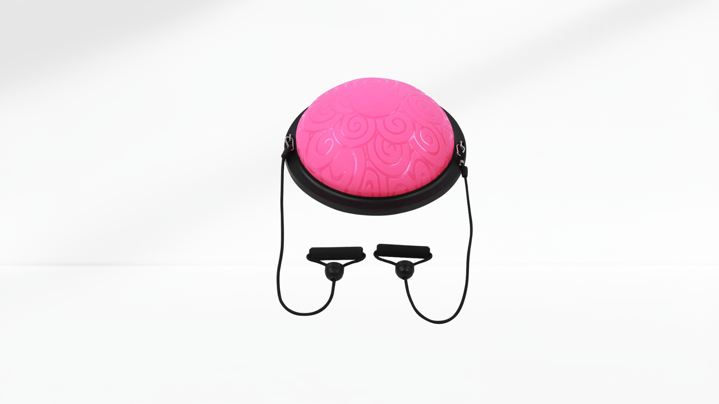 pink trainer balance half ball with resistance bands and black handles on a white background.