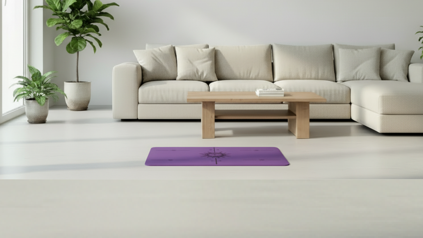purple flat support yoga mat placed in a modern living room setting on a light floor, minimalist aesthetic.