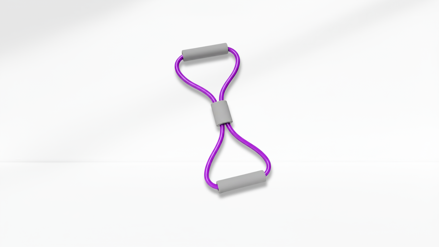 purple Resistance band with purple handle and gray ends on a white background