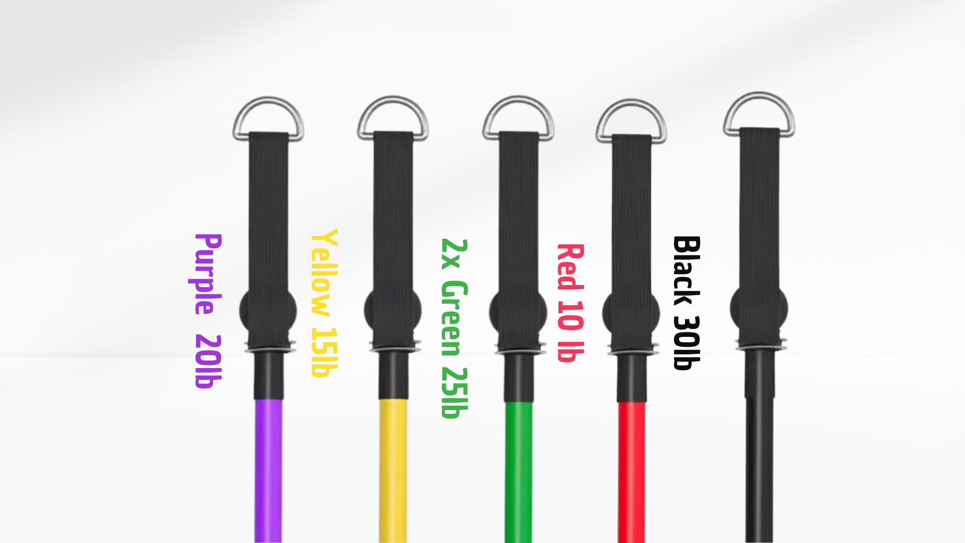 Set of resistance bands with color-coded labels on a white background