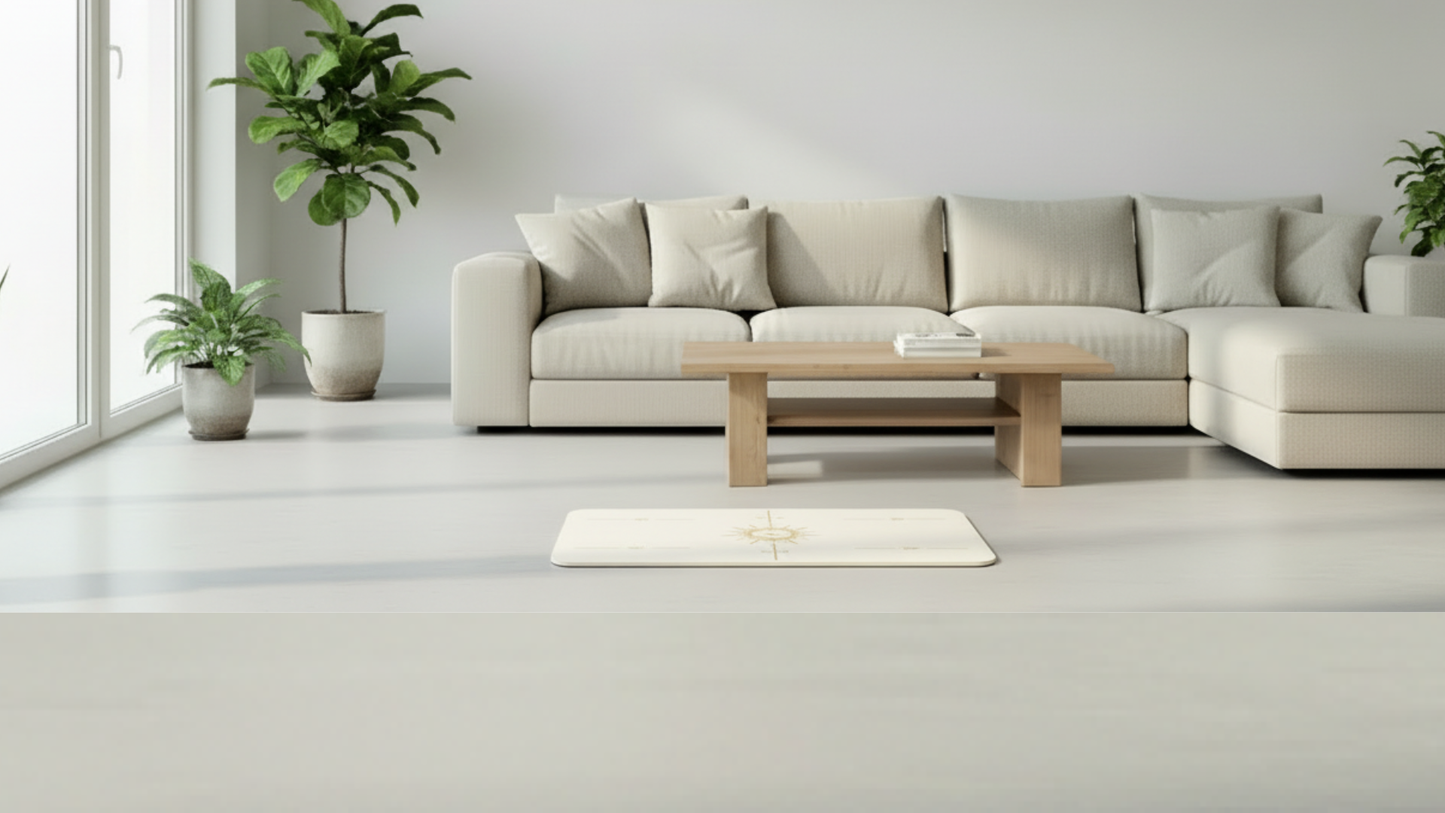 white flat support yoga mat placed in a modern living room setting on a light floor, minimalist aesthetic.