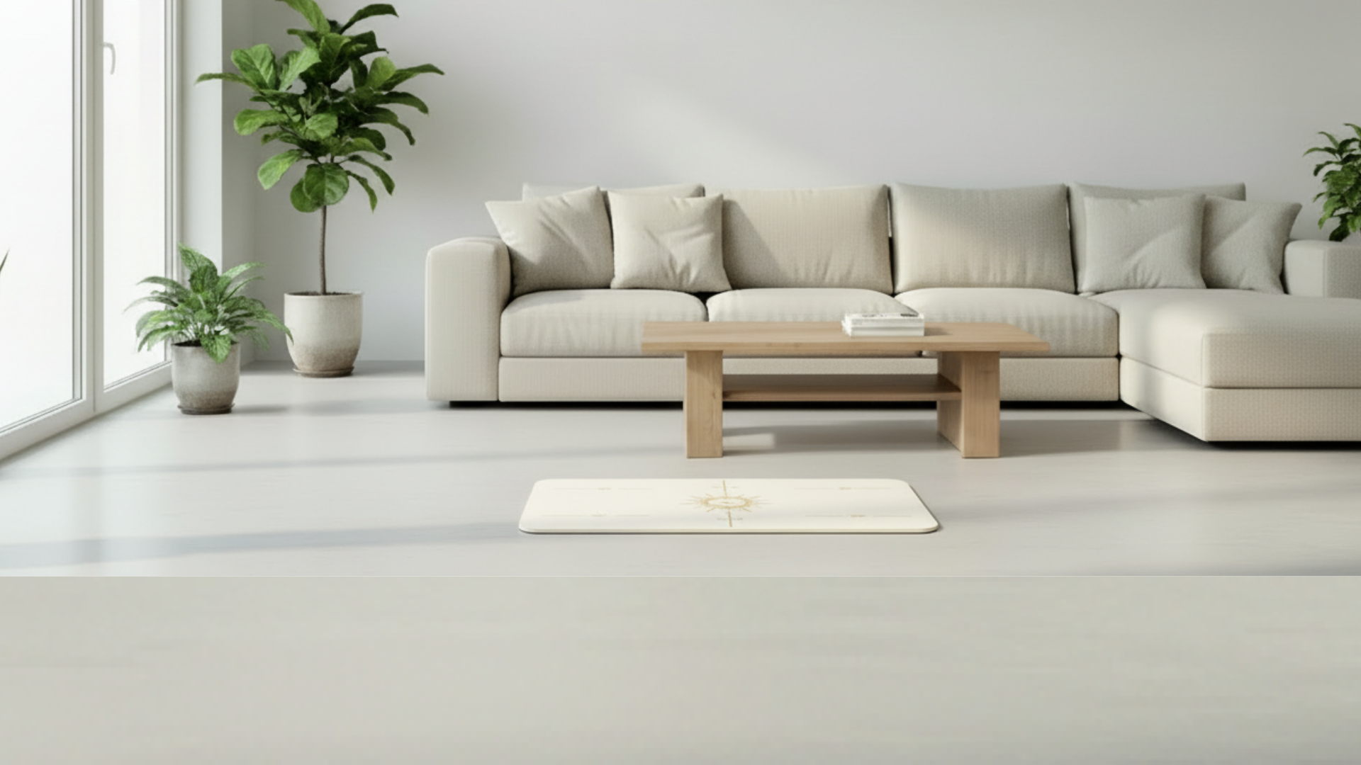white flat support yoga mat placed in a modern living room setting on a light floor, minimalist aesthetic.