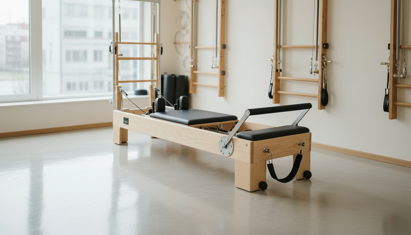 white maple Pilates reformer machine in a studio with large windows