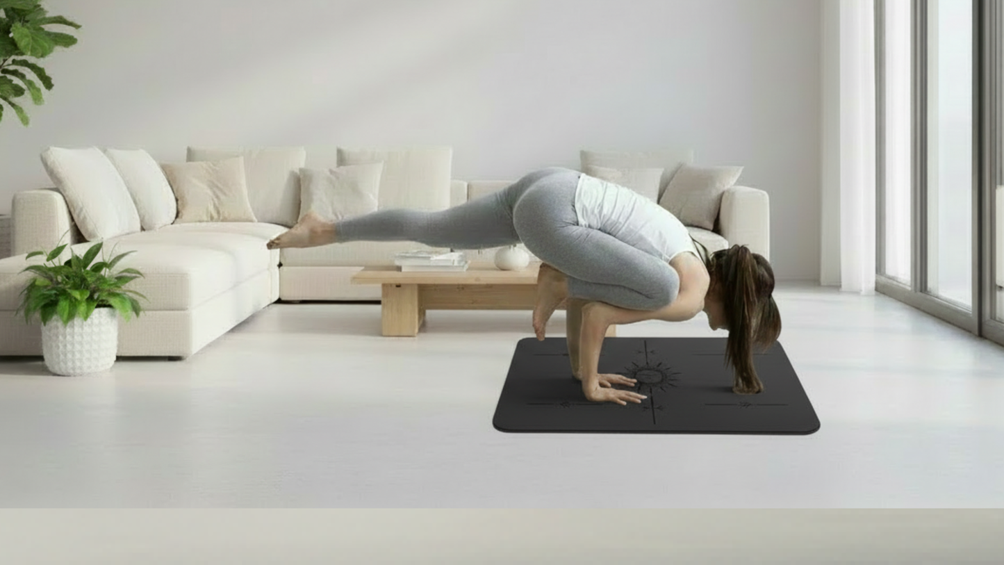 Woman practicing an advanced yoga balance pose on a black flat support mat in a bright modern room.