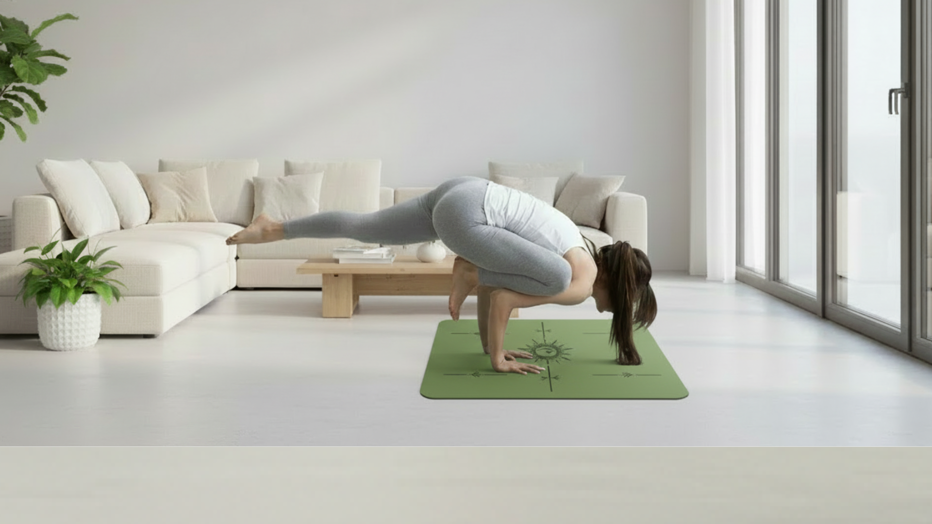 Woman practicing an advanced yoga mat balance pose on a green flat support mat in a bright modern room.