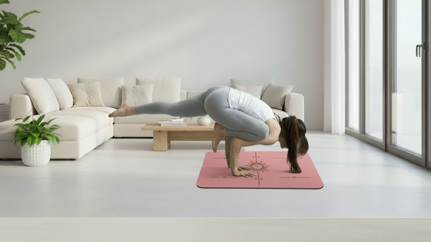 Woman practicing an advanced yoga balance pose on a pink flat support mat in a bright modern room.